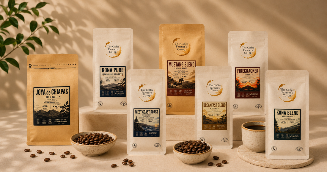 the coffee farmers co op coffee bags on a neutral background