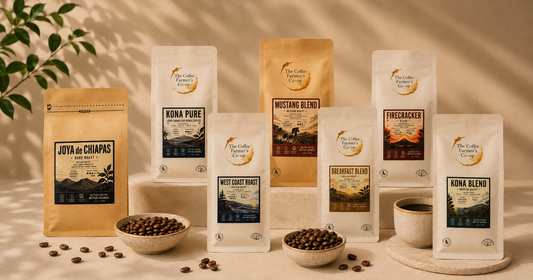 the coffee farmers co op coffee bags on a neutral background